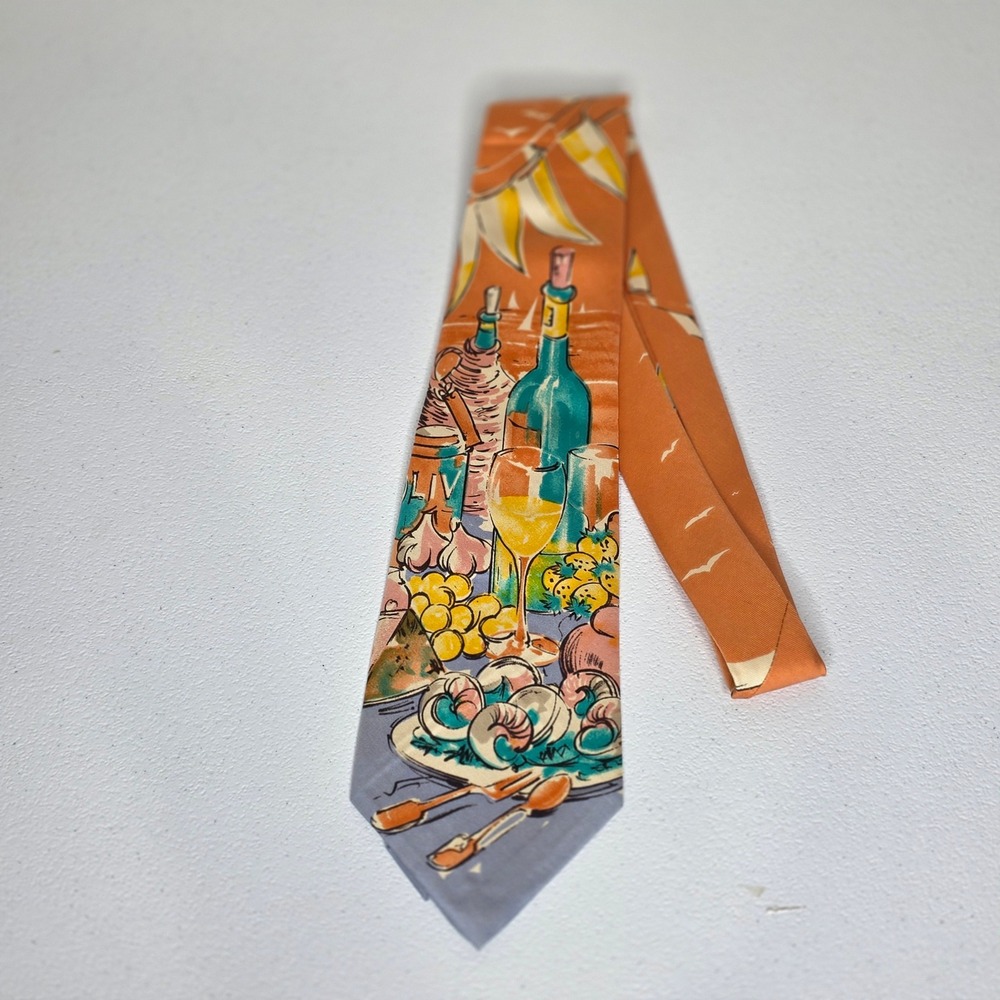 Vintage 90s Polo Ralph Lauren Necktie Mens Orange Picnic Wine Seafood Art Print